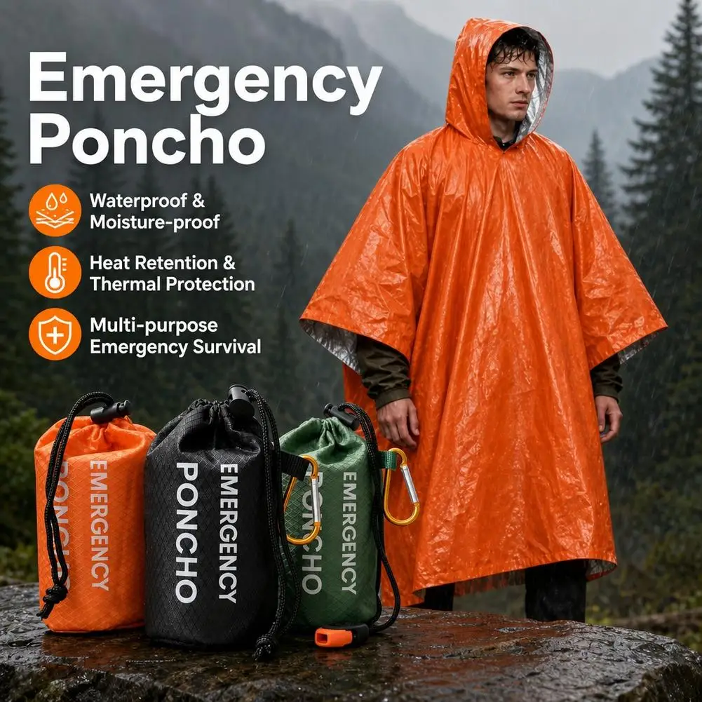 Portable Emergency Rain Poncho Kit Waterproof Hooded Raincoat Rain Cover With Pouch Whistle Carabiner For Camping Hiking