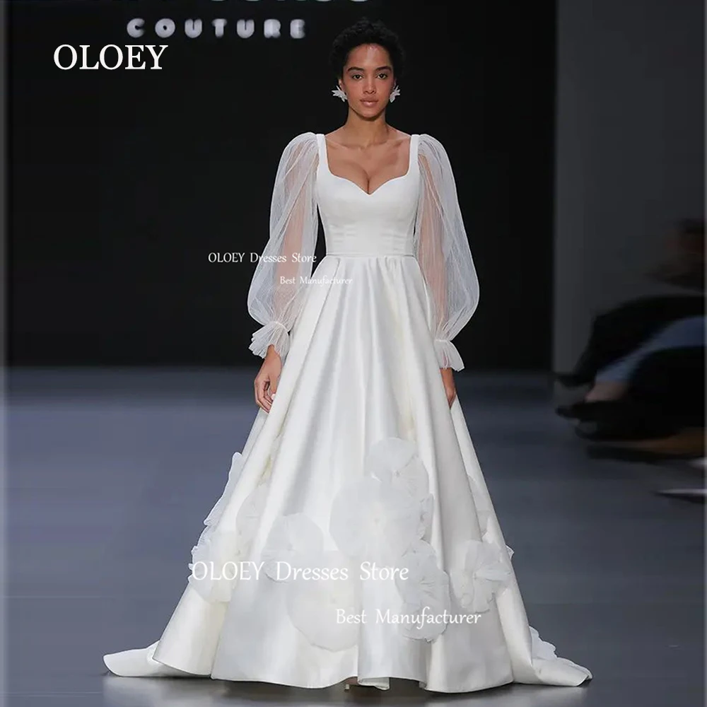 

OLOEY Simple Ivory Satin Wedding Dresses Sweetheart Puff Long Sleeves Bridal Gowns Vestido De Noiva Floor Length Corset Custom