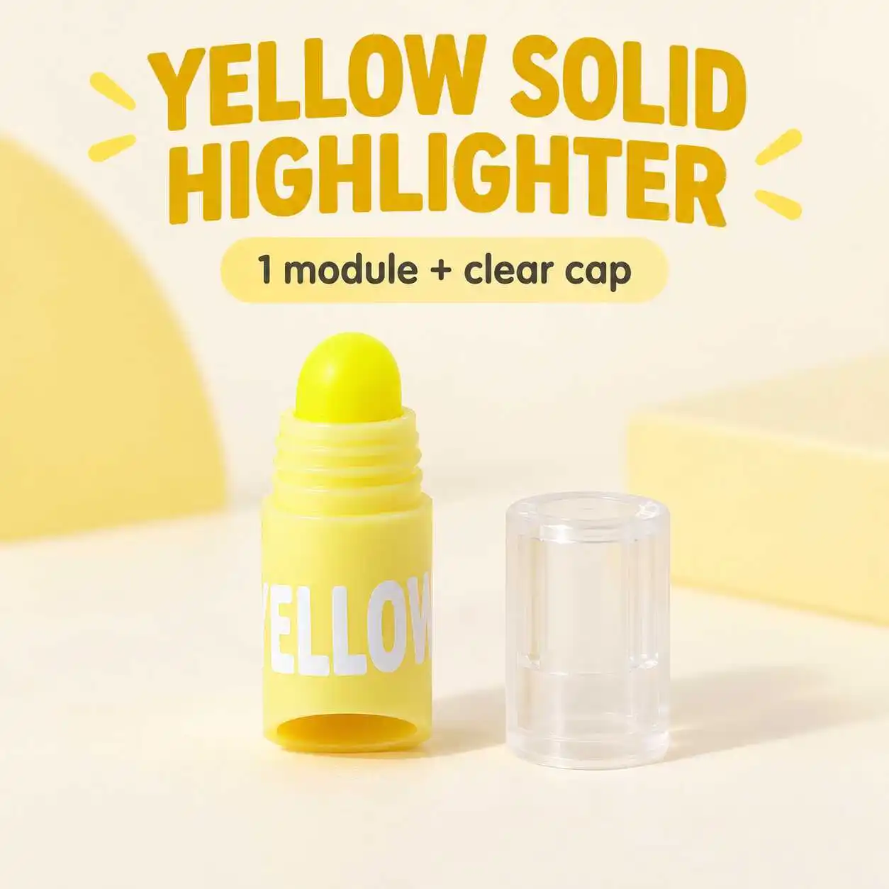 Yellow Solid Stackable Highlighter Module Rounded Point Short Cylinder Clear Protective Cap Single Piece