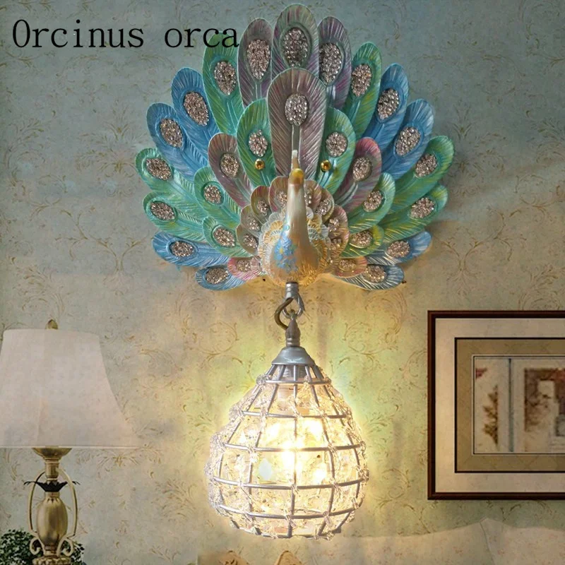 French pastoral blue peacock crystal wall lamp bedroom bedside balcony warm southeast wall lamp free shipping