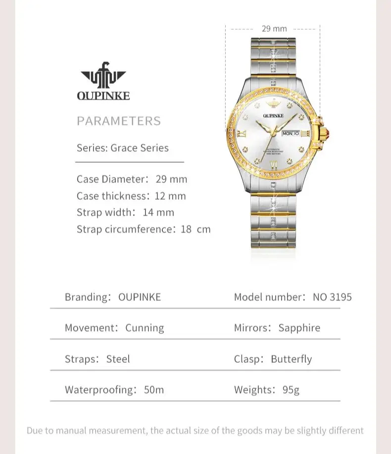 OUPINKE 3195 Roman Scale Mechanical Dress Watch For Women Diamond Original Automatic Hand Clock Waterproof Dual Calendar Watches