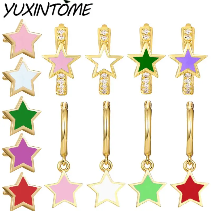 

925 Sterling Silver Ear Needle Classic Enamel Epoxy Colorful Five-pointed Star Pendant Earrings Women's Everyday Casual Jewelry