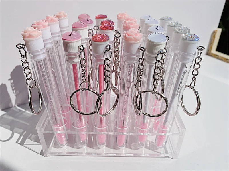 Reusable Eyelash Brush Tube Keychain Plastic Portable Mini Lash Comb Spoolie Container Glitter Cils Mascara Wands Keyring