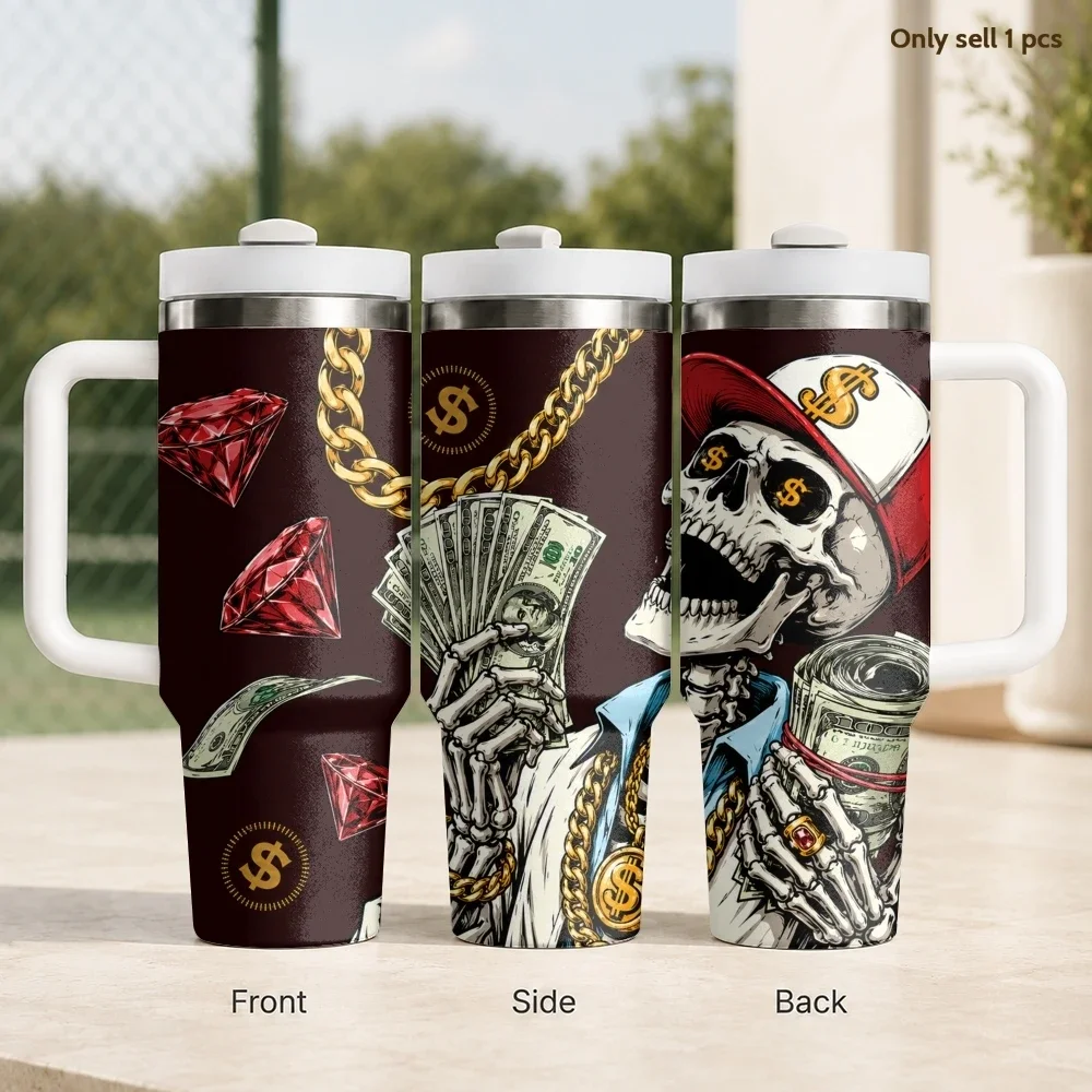 Skeletons and Money Vacuum Flasks 40oz Stainless Steel Insulated Tumbler with Handle & Straw Leakproof Travel Mug