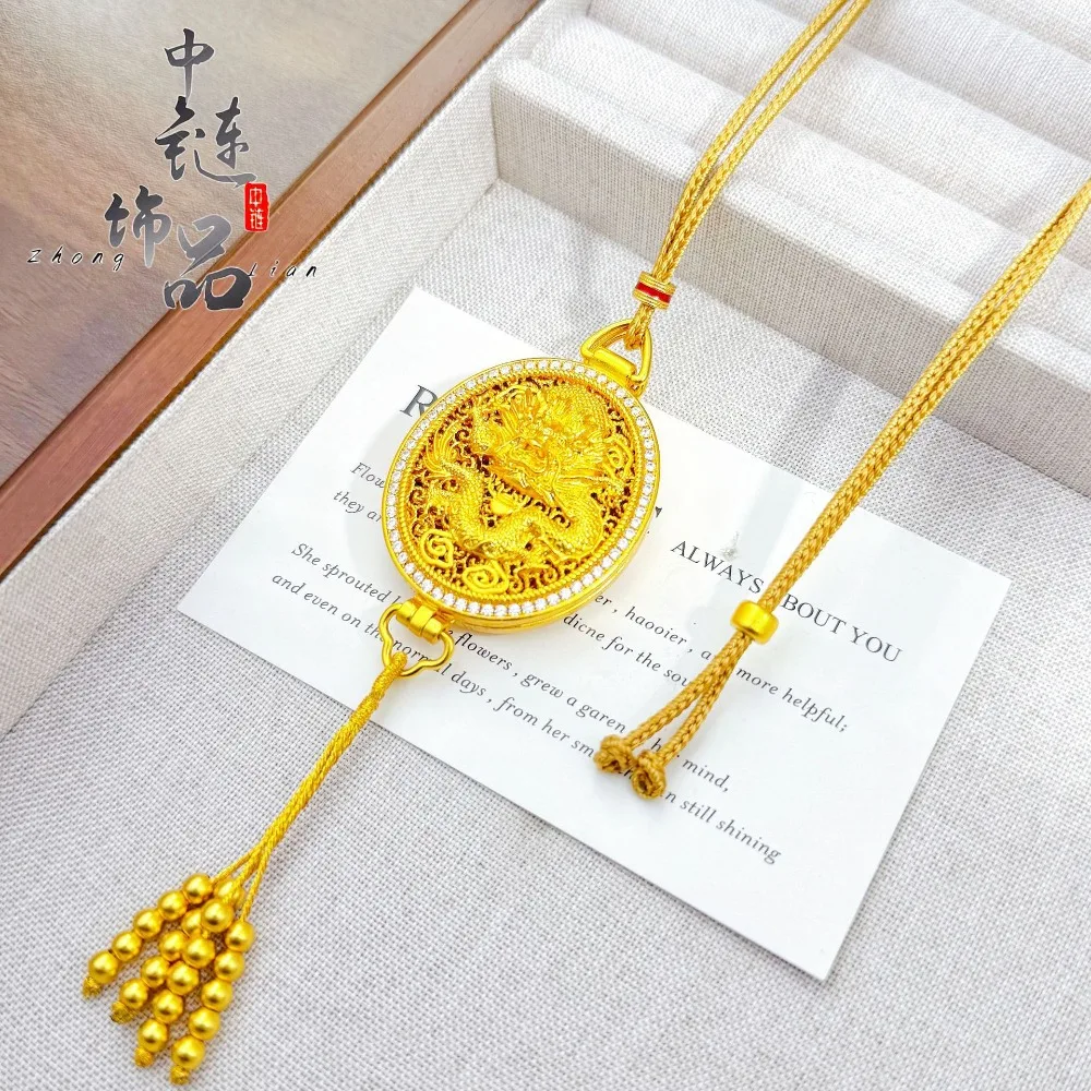 Diamond-studded dragon and phoenix sachet pendant - New Chinese-style trendy design of the phoenix flying together 9999gold