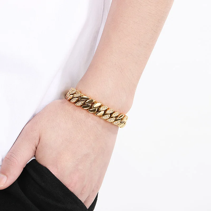 Kalen CNC Stone Cuban Chain Thick Bracelets for Men High Quality Shiny Stainless Steel Jewelry Trendy Accessories 12mm Gift