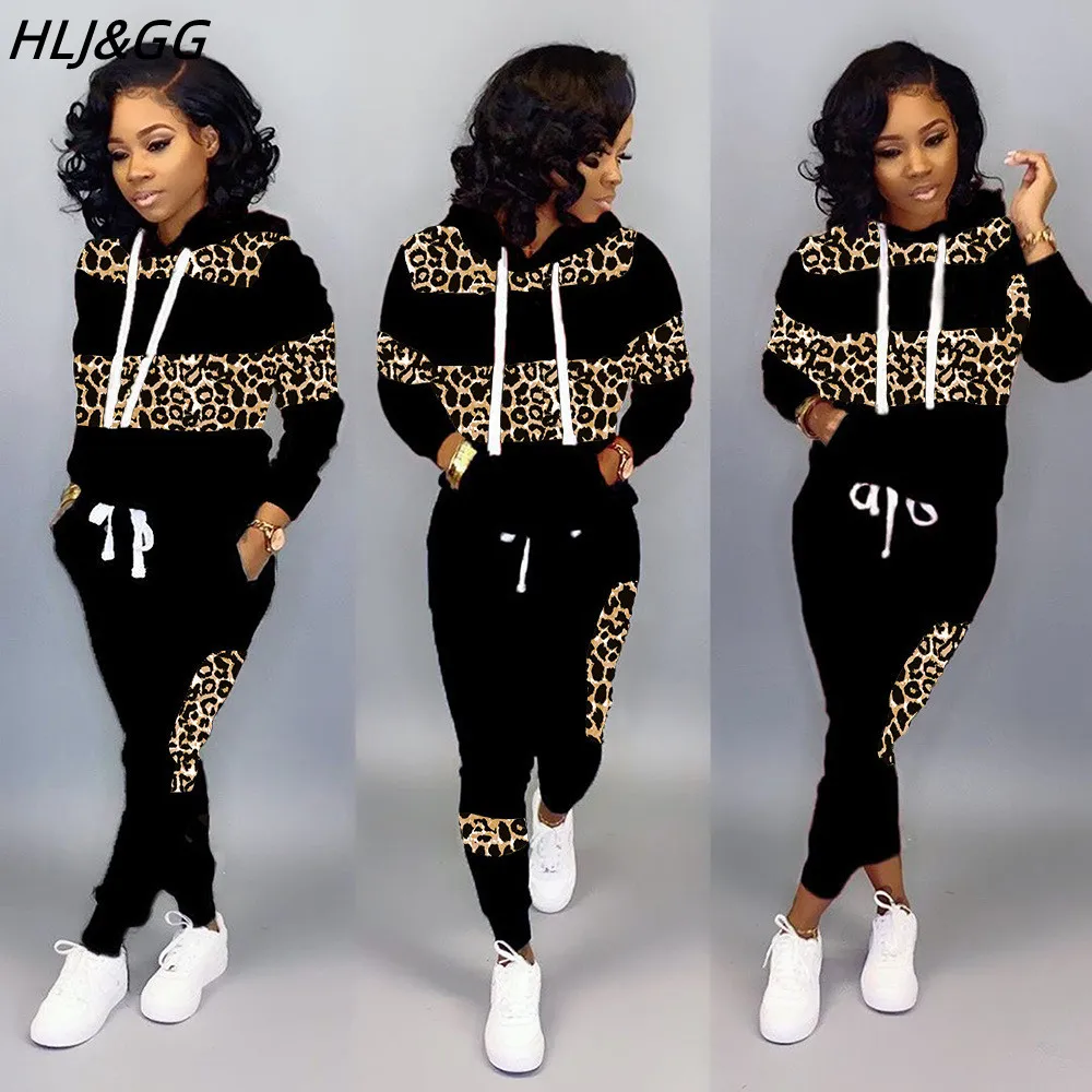 HLJ&GG Fall Winter Camouflage Printing Patchwork Tracksuits Women Long Sleeve Hooded Sweatshirts And Jogger Pants Two Piece Sets