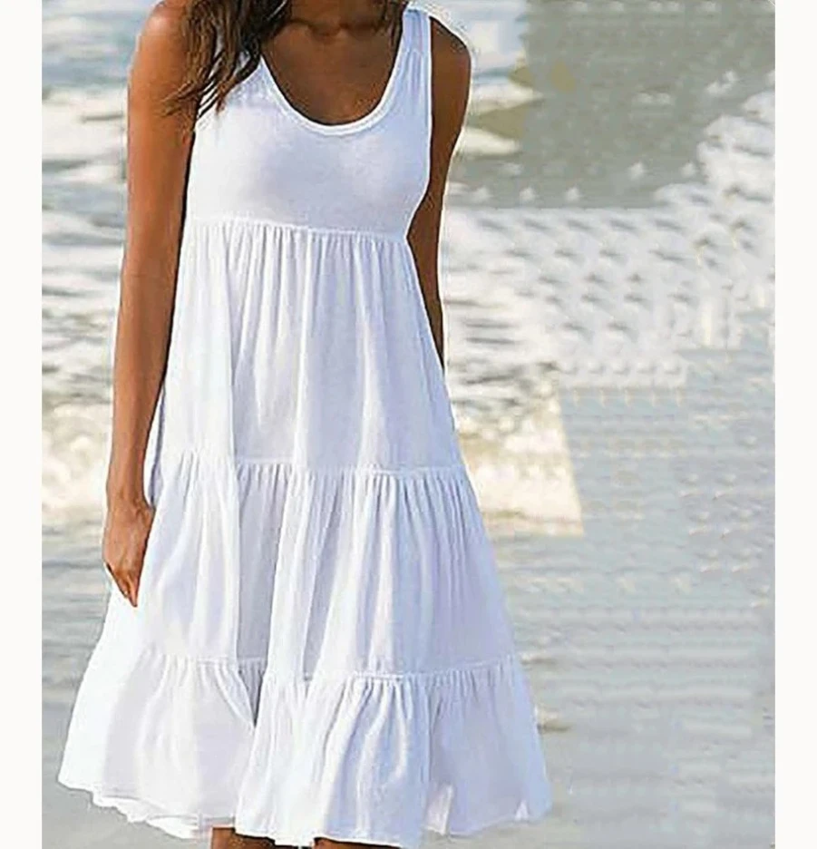 Minivestido sin mangas con volantes para mujer, vestido bohemio liso para playa, vestido suelto de gran tamaño para verano