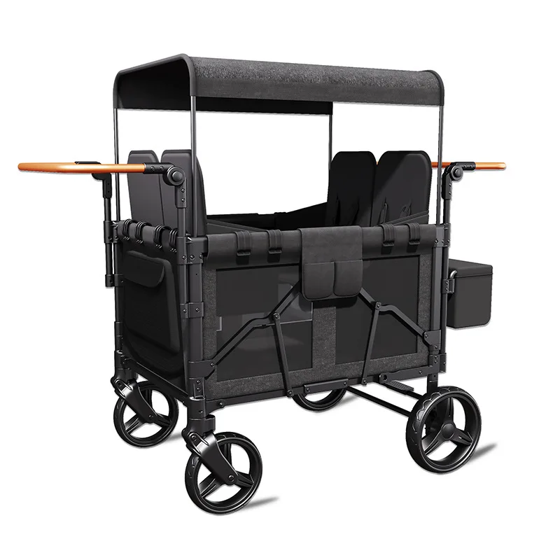 Custom High Quality Collapsible Baby Kids 4 Seater Wagon Stroller with 5 Point Harnesses Buckle and Adjustable Sun Canopy