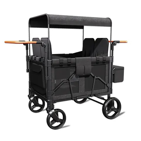 Custom High Quality Collapsible Baby Kids 4 Seater Wagon Stroller with 5 Point Harnesses Buckle and Adjustable Sun Canopy