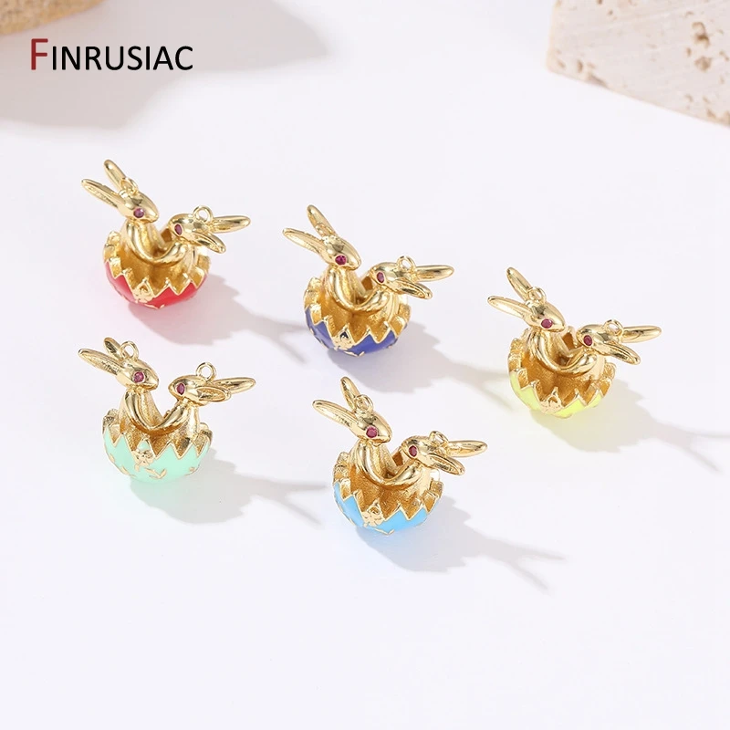 14K Gold Plated Brass Inlaid Zircon Colorful Easter Bunny in Eggs Charms Pendant DIY Jewelry Making Necklace Accessories
