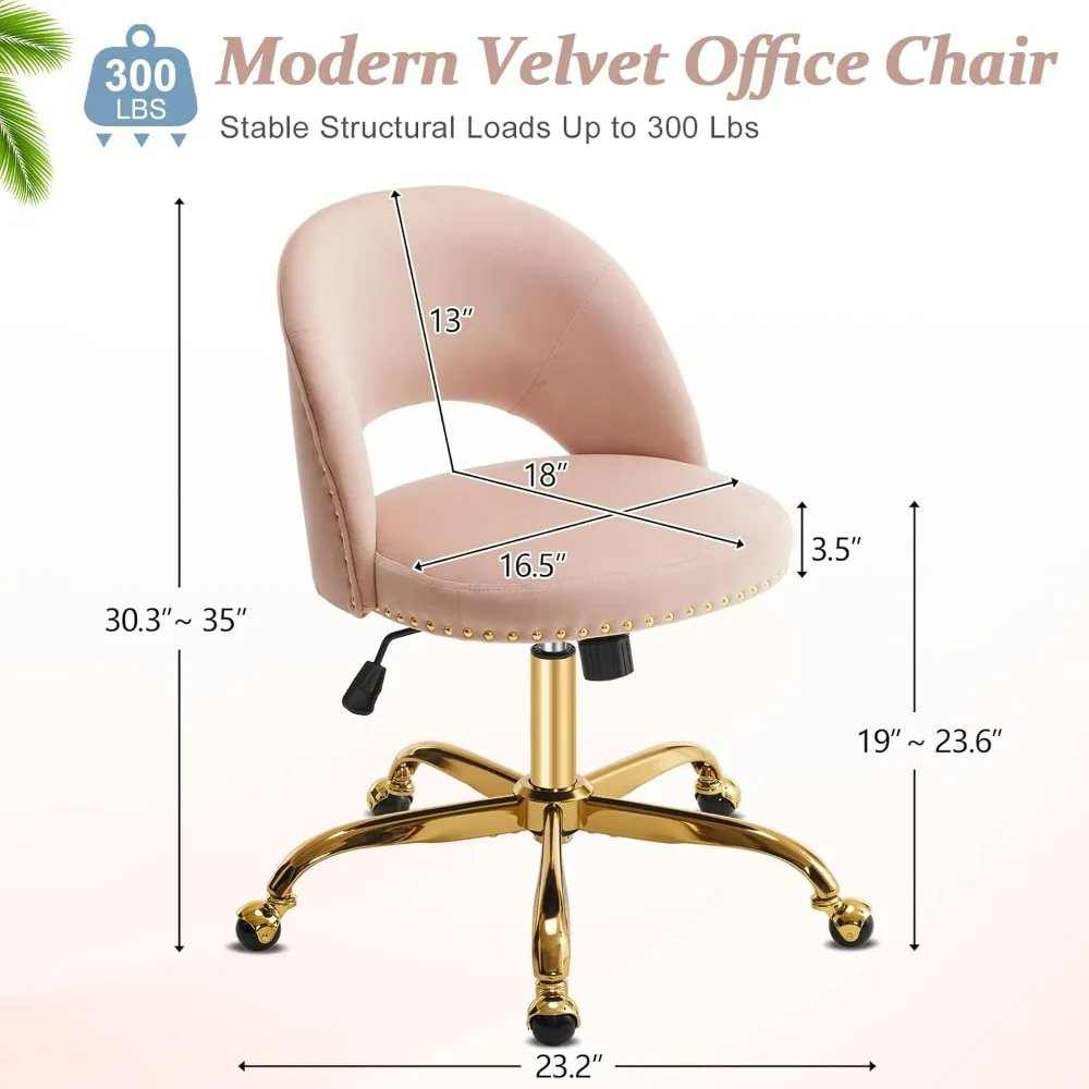 VINGLI Modern Velvet Small Office Chair,Cute Desk Chair with Wheels,Gold Base/Studs, Comfy Armless Swivel Vanity Task Chair