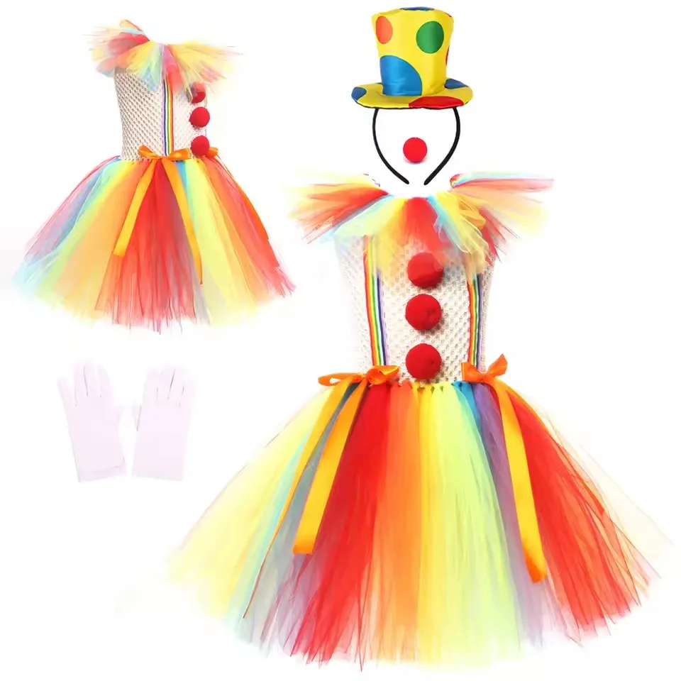 Children Clown Tutu Dress Horror Joker Cosplay Rainbow Masquerade Tutu A Line Dress Girls Carnival Party Costumes Set