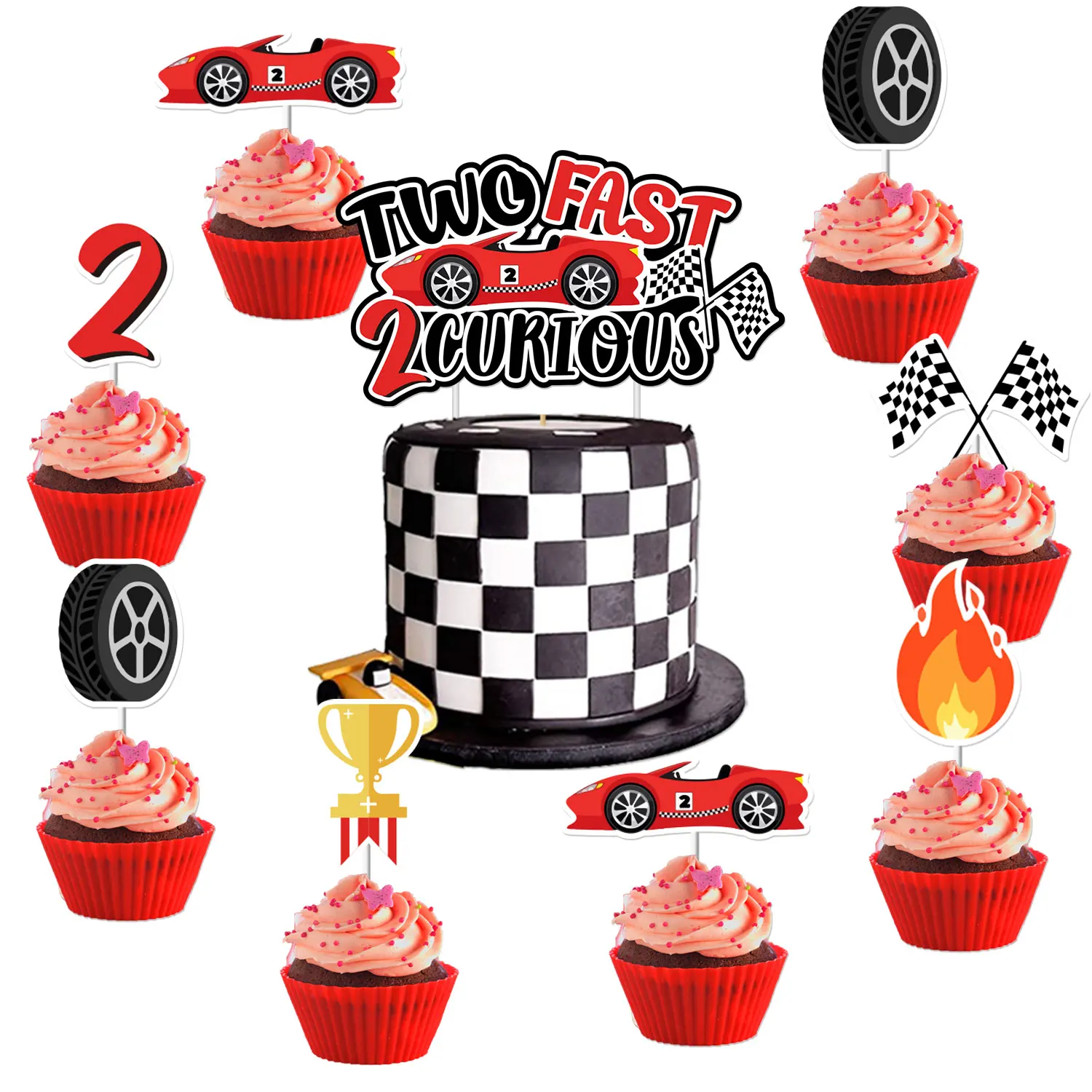 Race Car Two Fast 2 Curious Birthday Decor for Boys Racing Theme 2nd with Cake Toppers for 2 Years Old Birthday Party Supplies