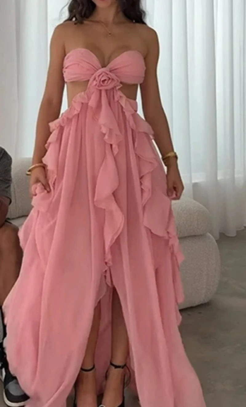 

2025 Summer New Sleeveless Three-dimensional Flower Ruffle Irregular Strapless Dress