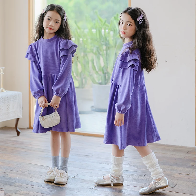 

Girls' Dress, Korean Style Children's Clothing, Girl's Forest Style Thickeneded Half Turtleneck, Flying Sleeves, Corduroy Princess Skirt, Medium and Large Children