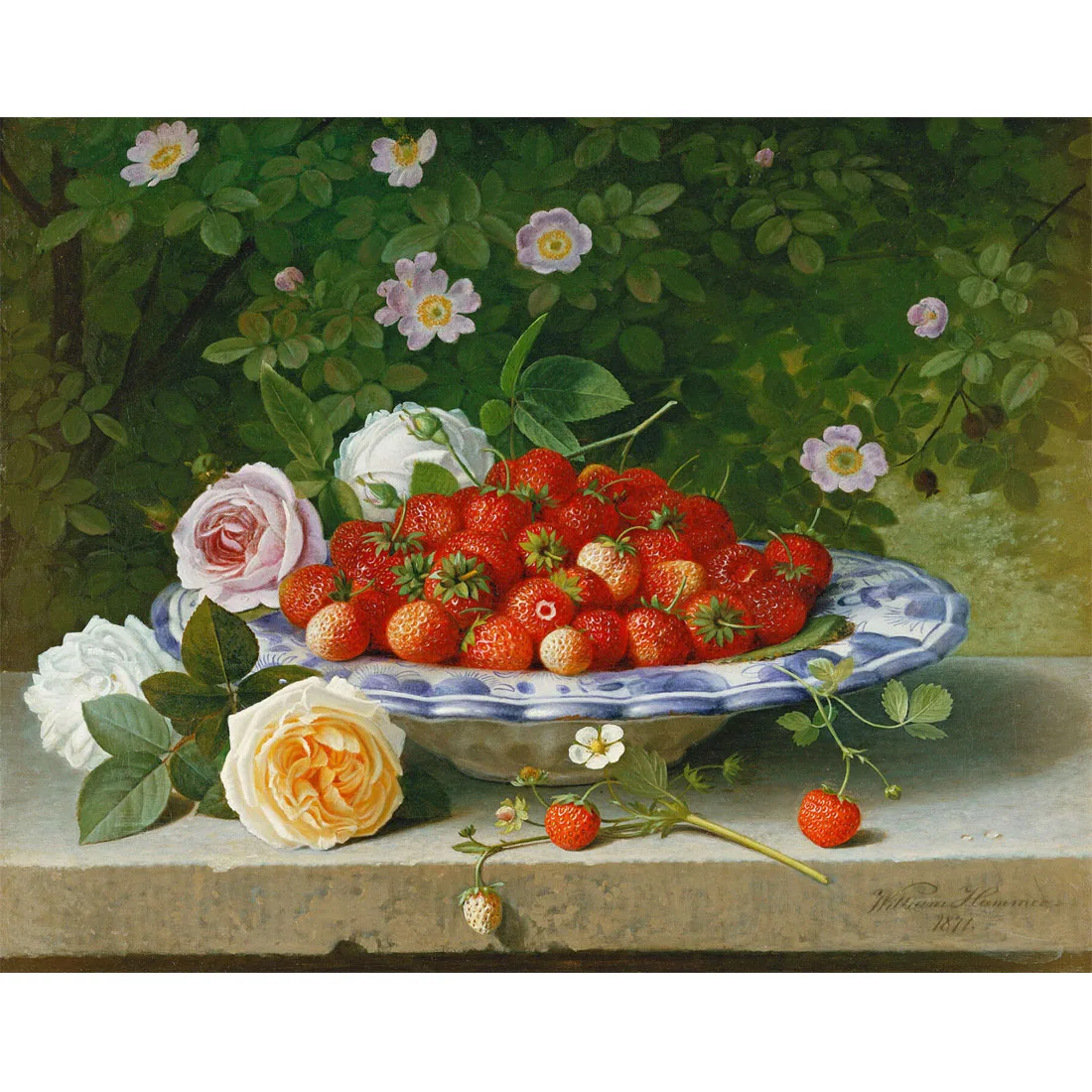 Strawberries in a Blue and White Buckelteller by William Hammer,Hand painted famous painting replica, Fruit oil painting