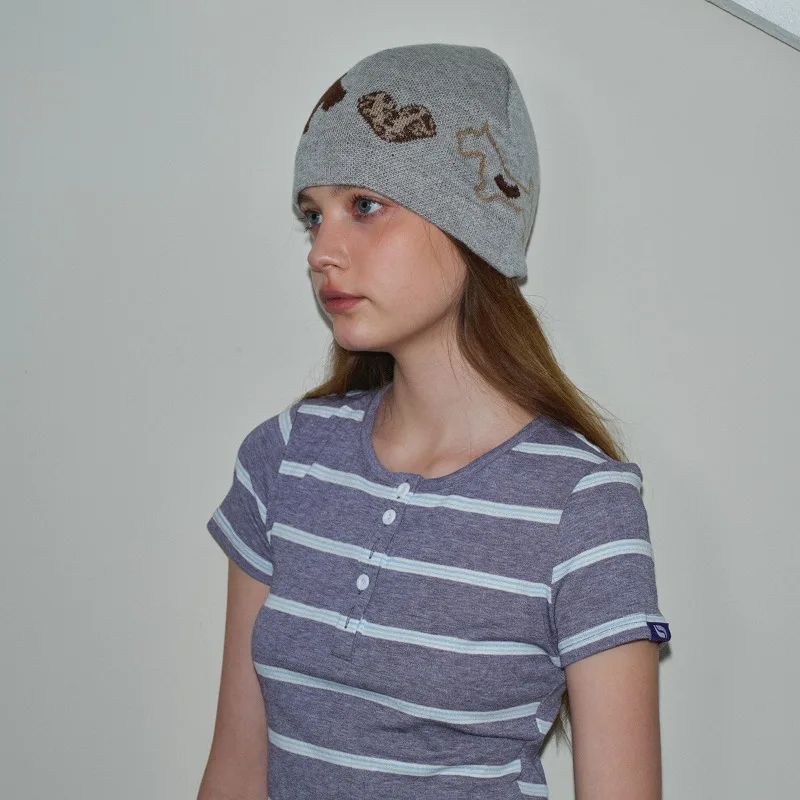 2027 Women Jacquard Beanie Hat, Niche Leopard Print Heart Black White Dog Pattern Cold Cap for Autumn Winter Matching