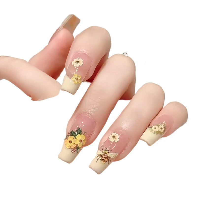 

Three-dimensional little bee wearing nail French flower manicure fake nail patch handmade