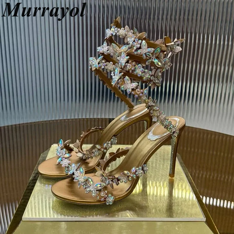 Sandals Women Elastic Strap Gladiator Sandalias Shiny Rhinestone Flower Decor Thin High Heels Summer Bridesmaid Dress Shoes