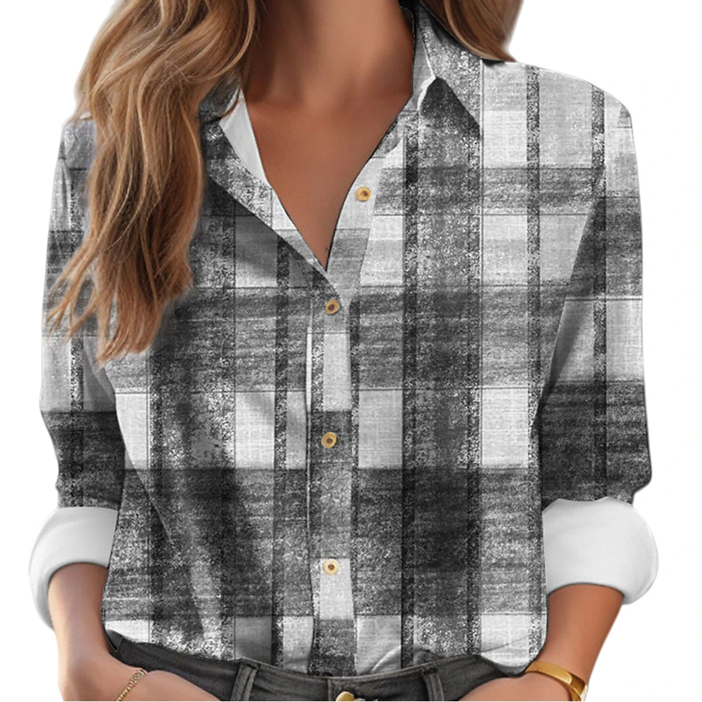 Damesoverhemden en blouses Modieus geruit knoopbedrukt Casual retro overhemd met lange mouwen Top Tee Dameskleding