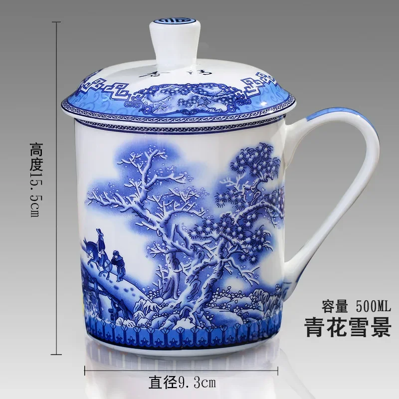 500ml Chinese Style Bone China Jingdezhen Blue and White Porcelain Tea Cup Office Drink Cup Travel Teaware