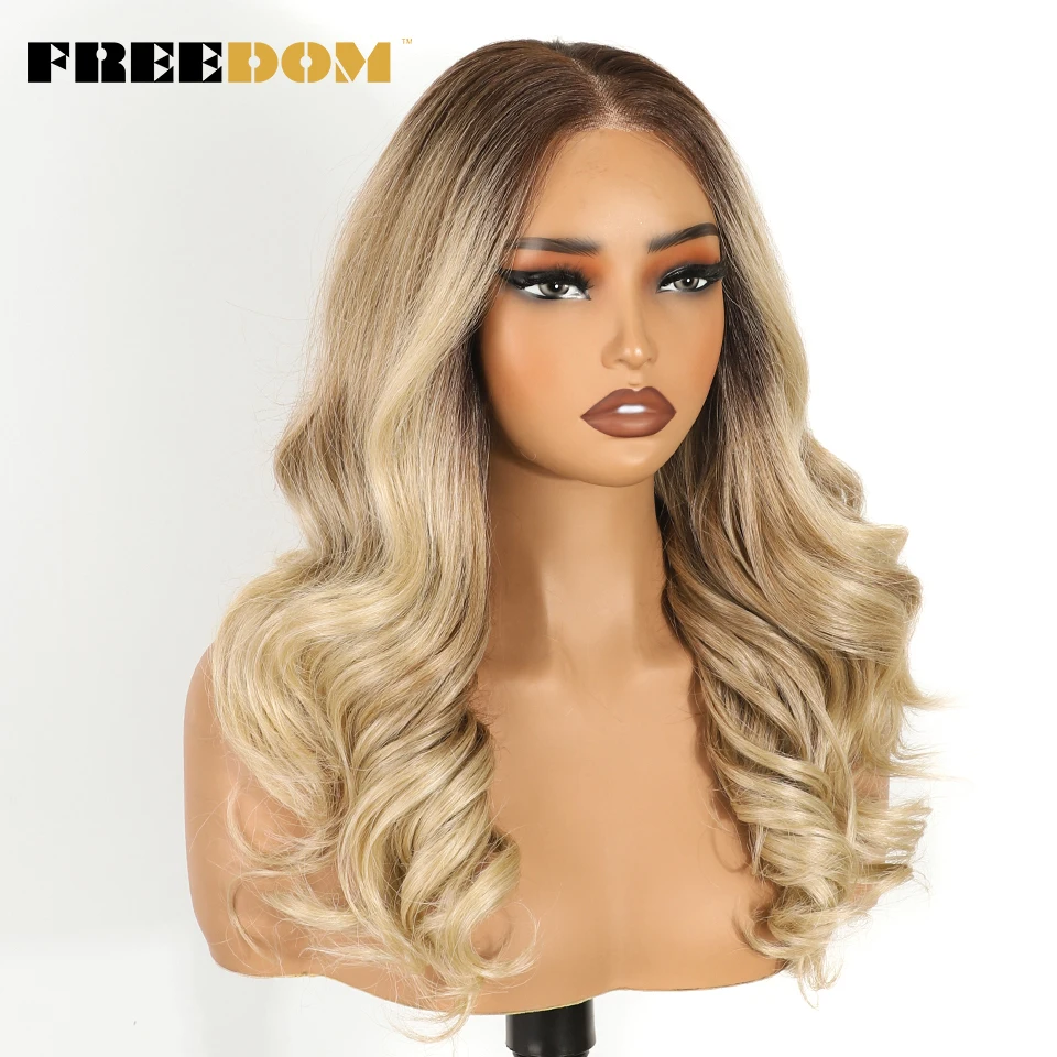 FREEDOM Body Wave, synthetische Perücken mit Spitze vorne für Damen, 9x6, vorgezupfte Spitze, 20 Zoll, vorgefertigte Ombre-Perücke in Braun-Blond, Cosplay-Perücken. – Detail 3