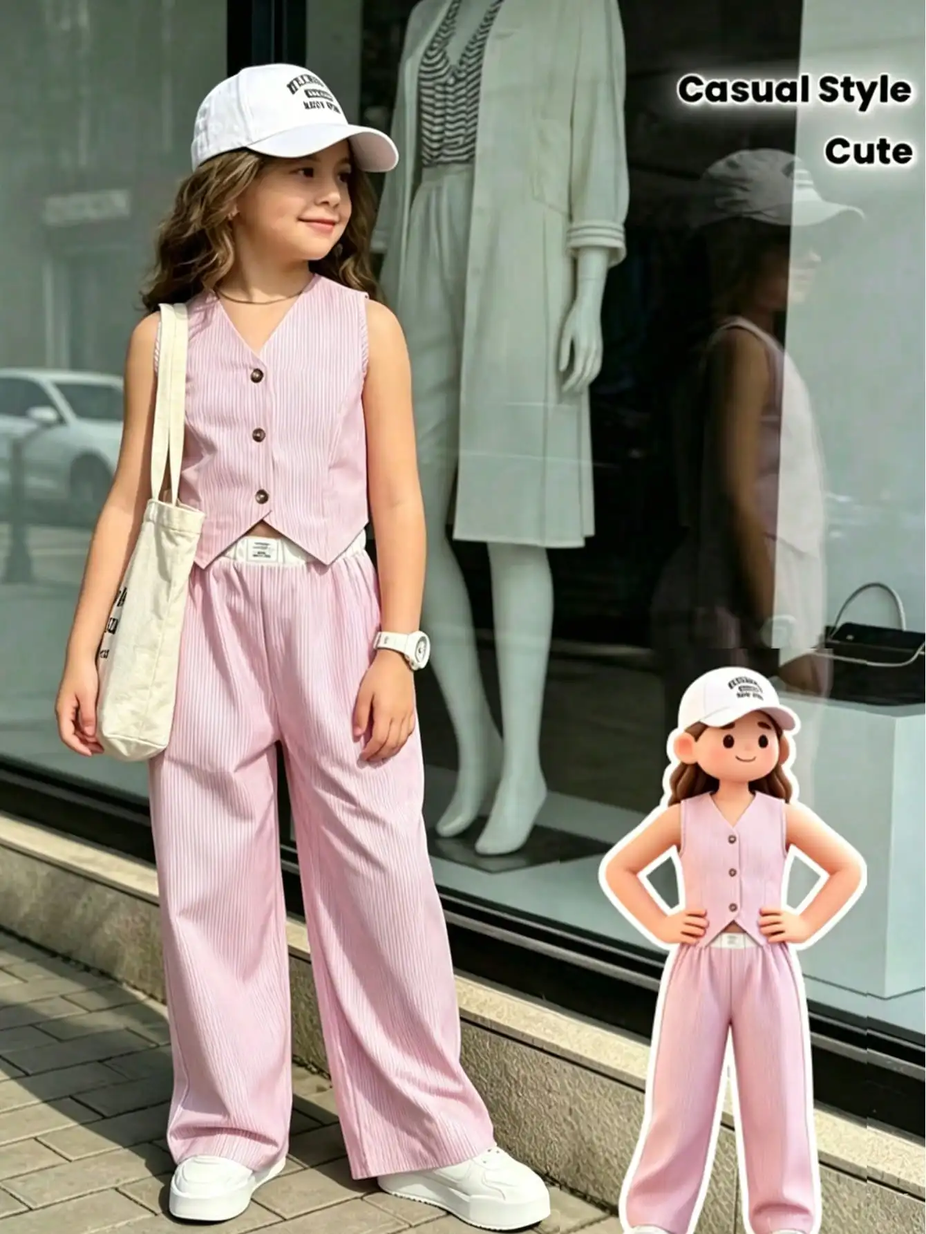 Children's Striped Outfit Set V-Neck Sleeveless Top with Button Detailing And Wide Leg Pants Elastic Waist Comfortable Clothing