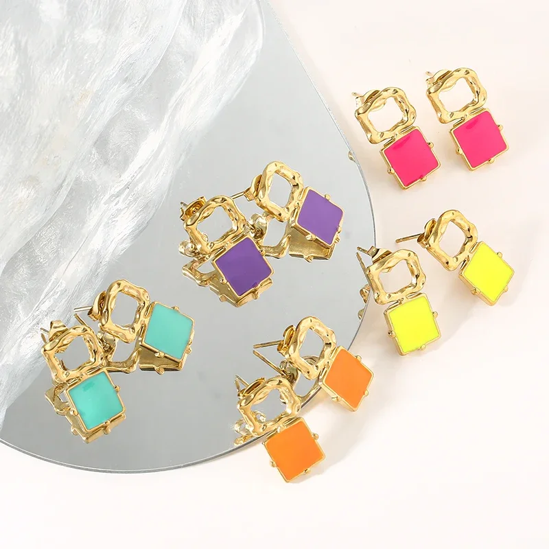 

Bohemia Dripping Oil Candy-coloured Square Stainless Steel Dangle Earrings for Women Hook Earrings Fashion Jewelry