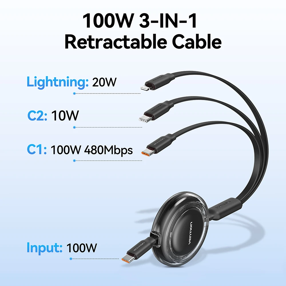Vention 100 Вт USB C Тип C Кабель 3 в 1 Выдвижной кабель USB C Шнур для быстрой зарядки для iPhone 16 15 Macbook Портативный провод типа C