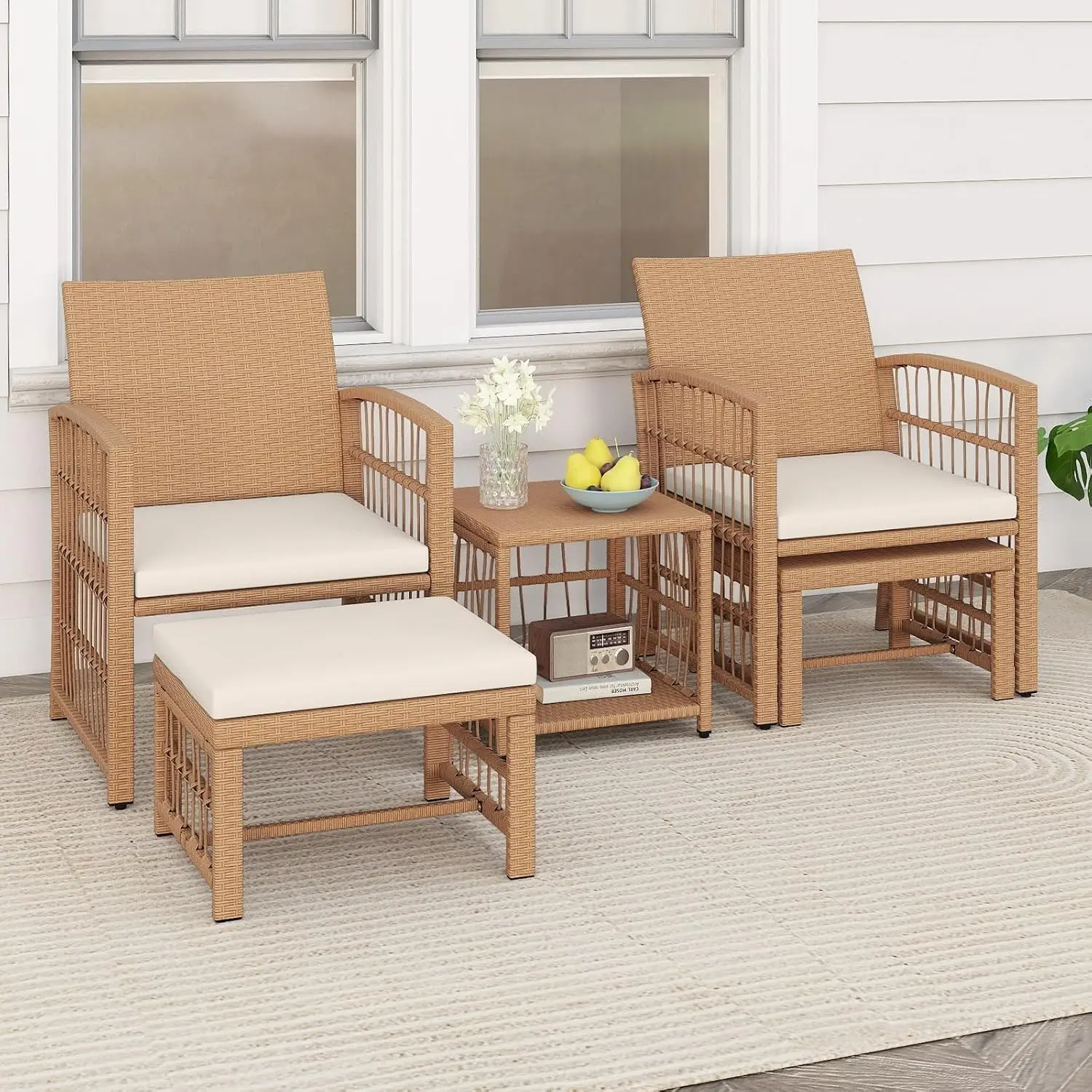 2 Armchairs, 2 Ottomans & 2-Tier Side Table, Outside Rattan Cushioned Sofa Set for Deck, Backyard, Porch or Poolside