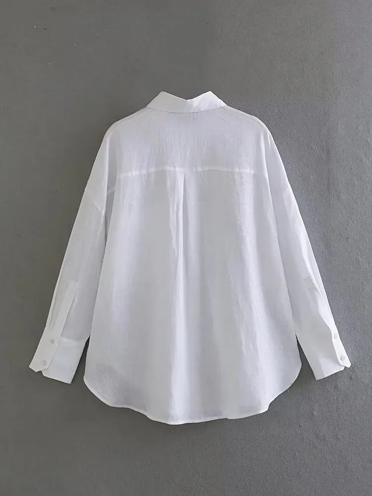 TRAF White Shirt Women Blue Loose Blouses Woman Casual Linen Black Shirt Streetwear Long Sleeve Button Up Shirts And Blouses