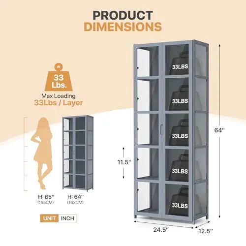 5-Tier Curio Cabinet, Display Cabinet with Acrylic Doors, Gray | 64