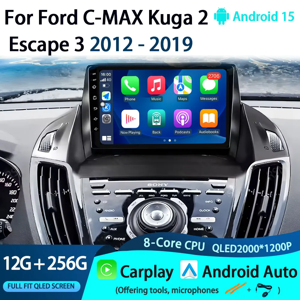 Android 15 Head Unit QLED Radio For Ford C-MAX Kuga 2 Escape 3 2012 - 2019 Android Auto Multimedia Player GPS Navigation Carplay