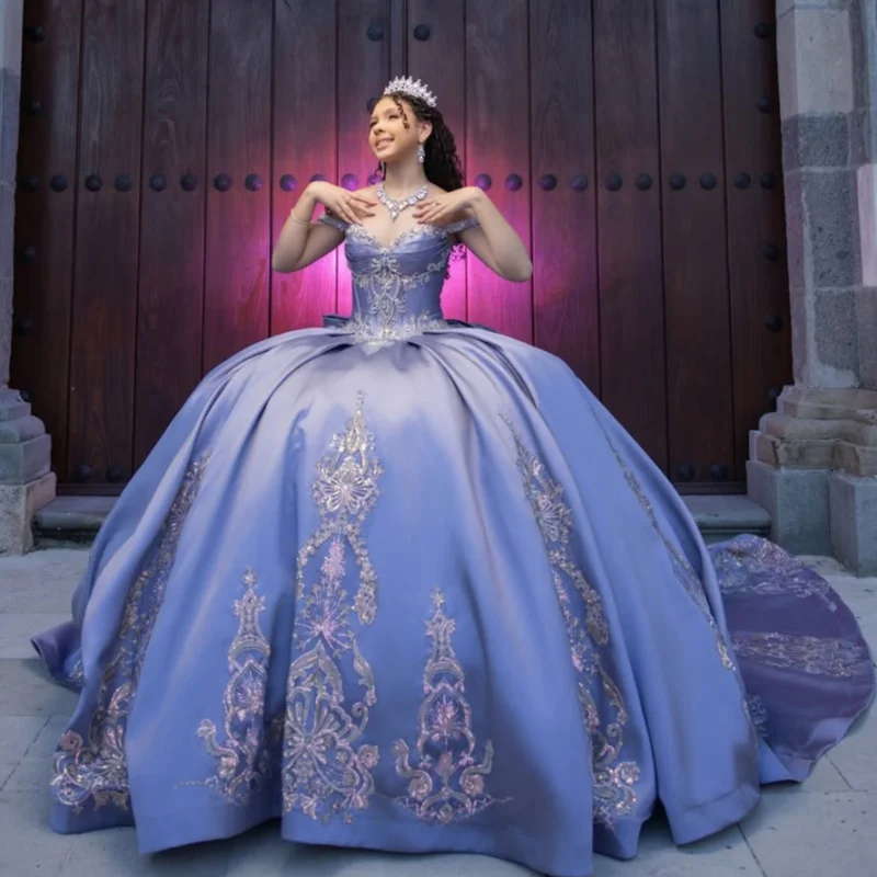Satin Purple Quinceanera Dress Rose Gold Glitter Decal Long tail off-shoulder Layering Bow Vestidos De 15 Quinceanera ﻿Customize