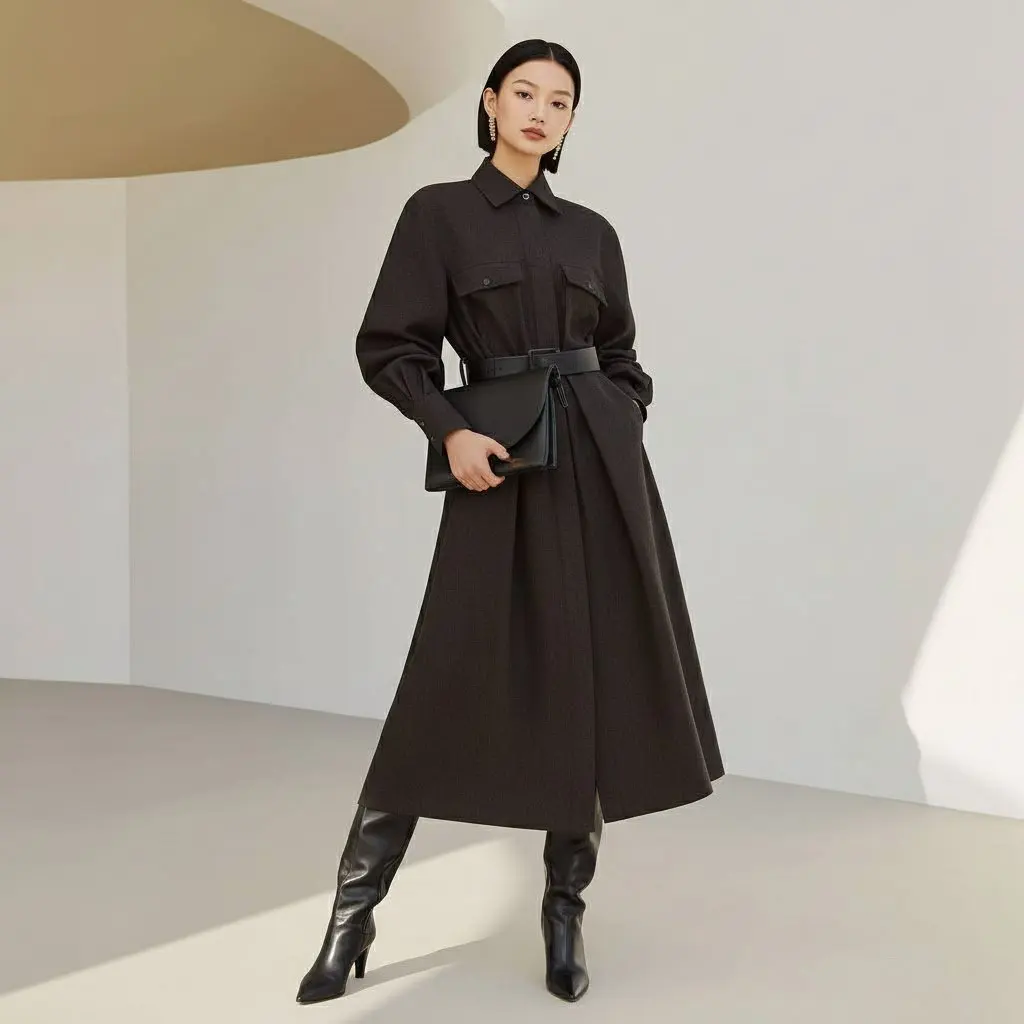 Lockeres, lässiges mittellanges Kleid, Herbst-Winter-Kleidung mit Hemdkragen, geraden Ärmeln, Rock-Stil, modisches Damenkleid