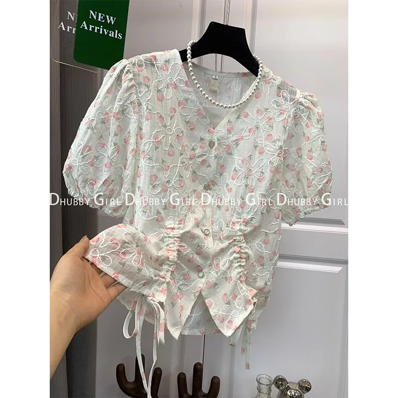 

Chic Floral Sweet Cute Party New Tshirt Tees Women Buttons 2023 Summer White Short Sleeve Fashion Korean