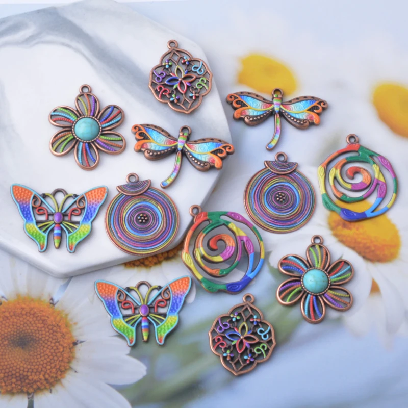 12 Stück/Set Ethno Frühling-Sommer-Stil Libellen-Schmetterling bemalte Anhänger Schmuckherstellung Geometrischer Boho-Anhänger DIY Damenohrringe – Detail 5