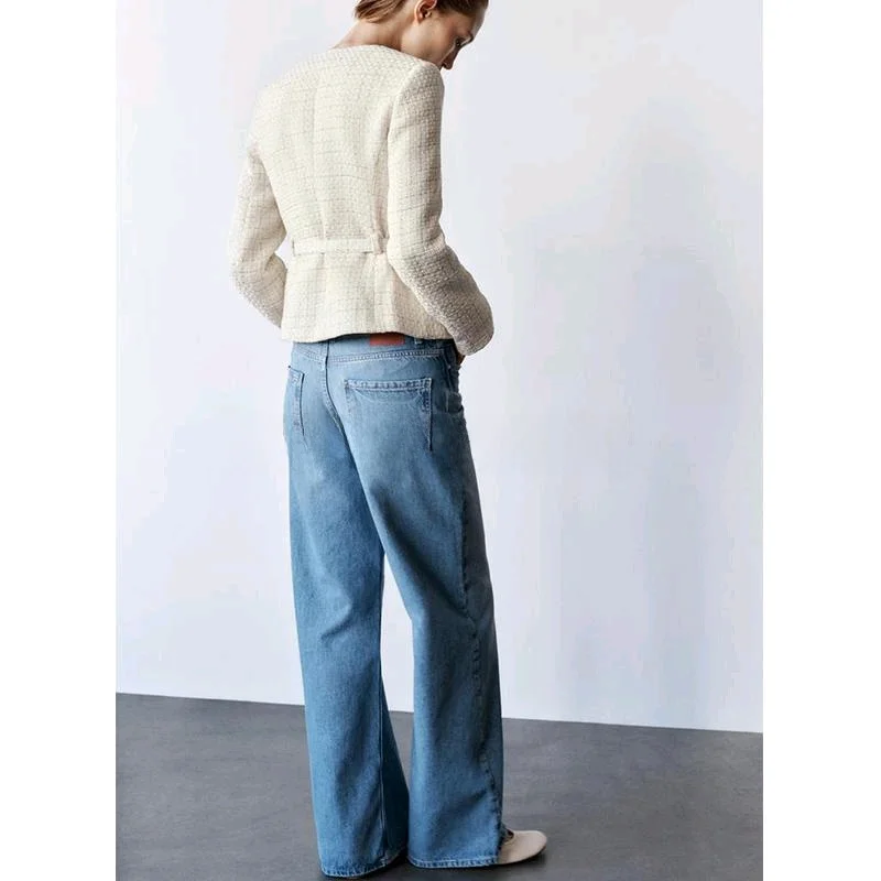 春の新到着女性のカジュアルテクスチャスーツジャケット長袖ラウンドネックベルト付きショルダーパッドストレートカット通勤スタイル