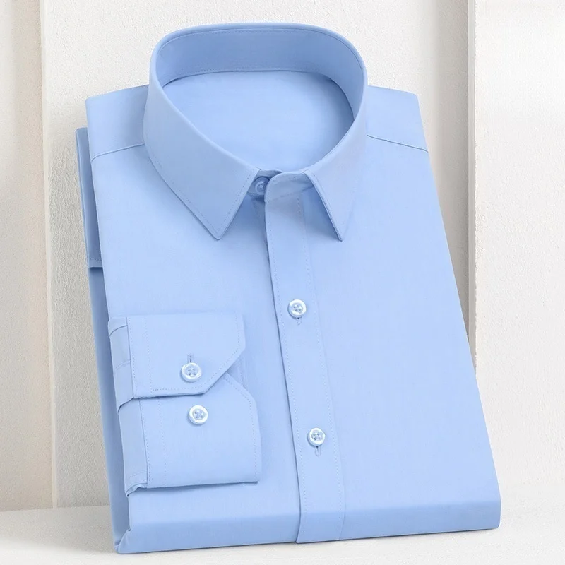 เสื้อเชิ้ตผู้ชาย ผ้าใยไผ่ แขนยาว ไม่ต้องรีด ทรงเข้ารูป แฟชั่นลำลอง ธุรกิจ สำนักงาน สีขาว สีฟ้า เสื้อเชิ้ตสำหรับงานสังคม เสื้อผ้าผู้ชาย