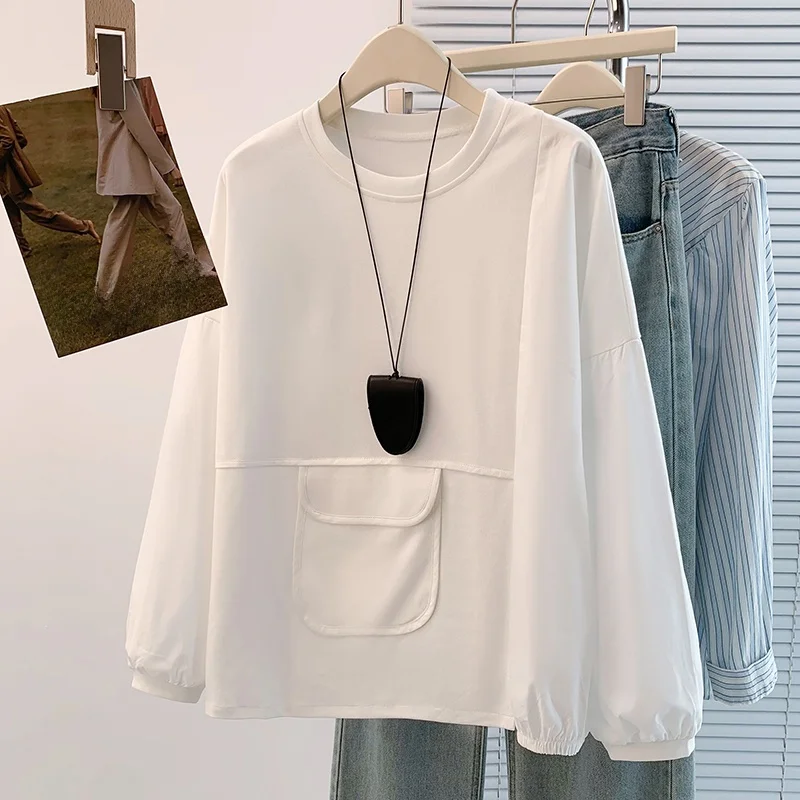 

Свободная повседневная длинная толстовка Све, футболка, женская осенняя новинка, универсальный возрастной круглый пуловер больших размеров, топ