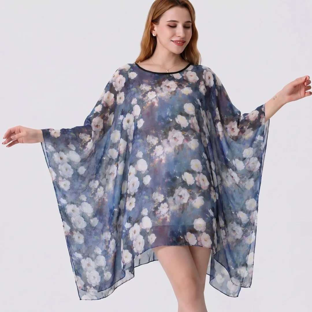 Arab Women Vintage Floral Chiffon Kaftan Abaya Light Batwing Sleeve Irregular Hem Beach Swim Cover Robe Summer Resort Wear