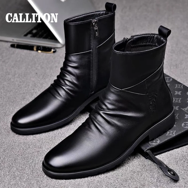 CALLITON Chelsea Boots Genuine Leather Winter Mens Shoes England Zipper Fashion Sneaker Antiskid Keep Warm Calfskin Shoes