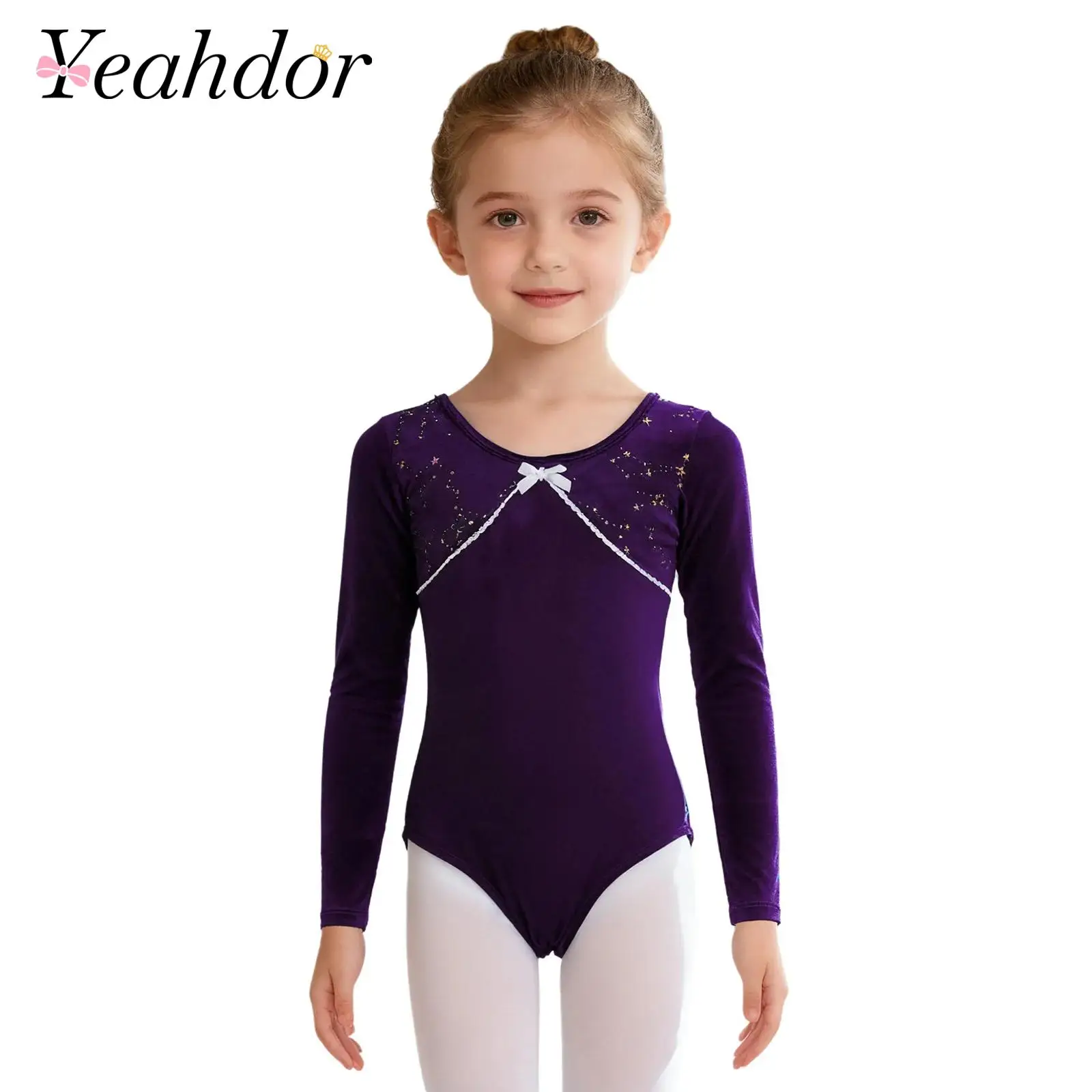 Kids Girls Velvet Ballet Leotard Round Neck Long Sleeve Figure Skating Costume Lace Trim Metallic Elegant Gymnastics Bodysuit