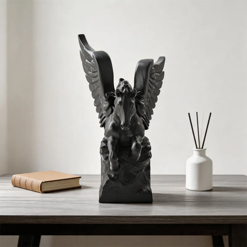 Creative Winged Pegasus Sculpture Craft Ornament Black Resin Winged Pegasus Statue Abstract Animal Indoor Aesthetic Decoration