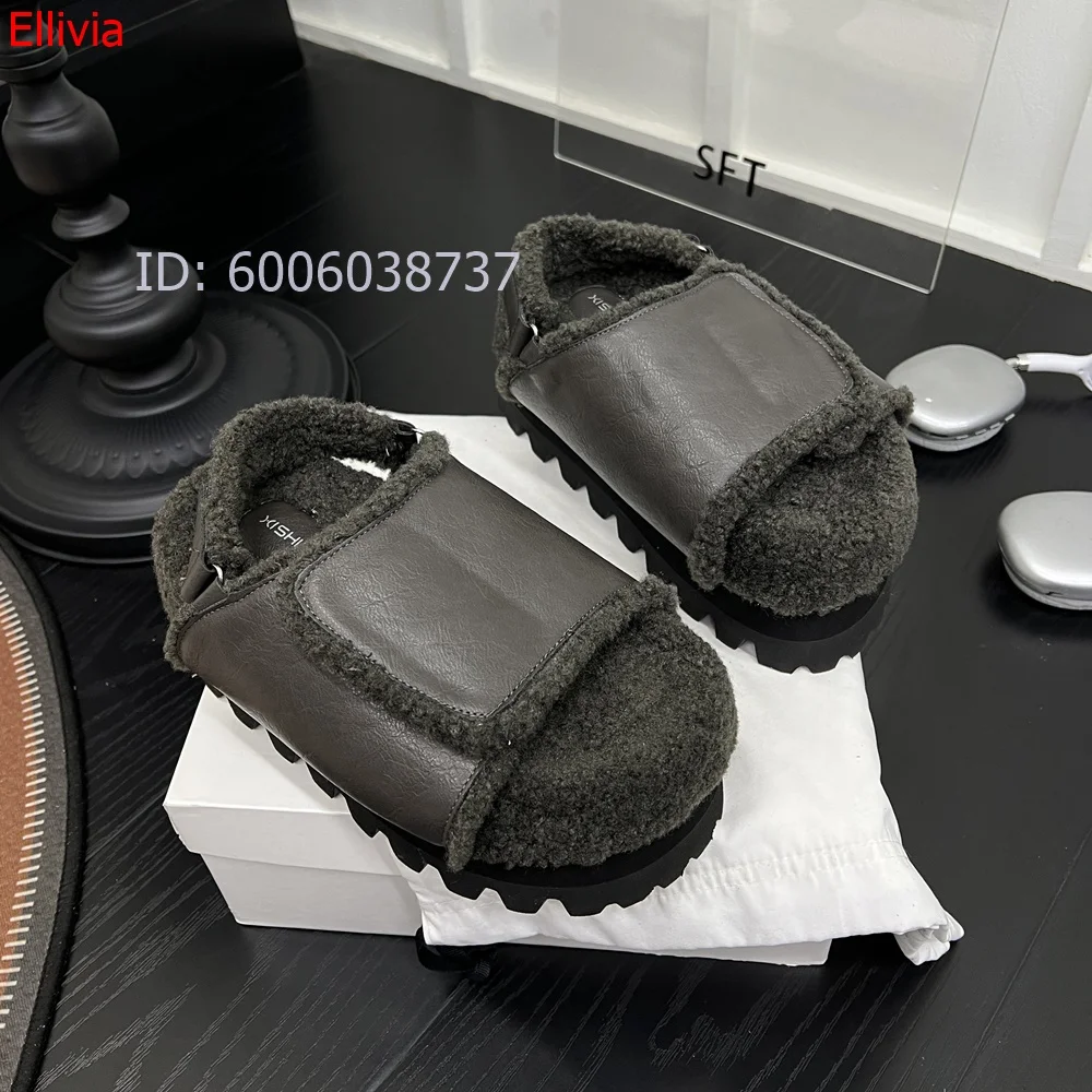 Women Furry Platform Mules Leather Plush Lined Adjustable Strap Thick Serrated Sole Winter Warm Slip On Closed Street Fashion
