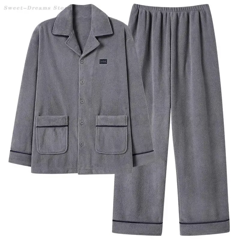 Men's Plus Size Flannel Pajamas Set Simple Warm Home Clothes Sleepwear Male Loose Casual Pyjamas Suit Thick Nightwear Loungewear