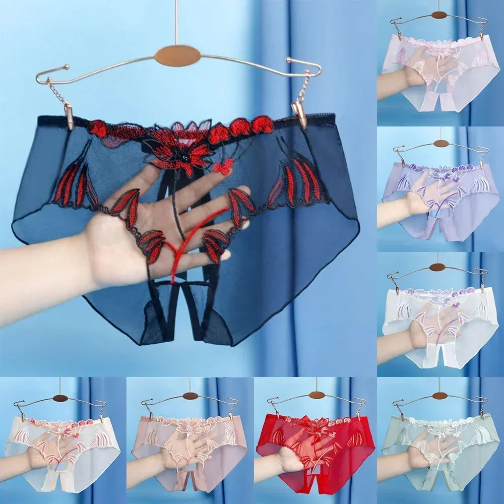 Women Underwear Sexy Floral Mesh Comfortable Underpant Sheer Crotch Slit Seamless Briefs Panties Plus Size