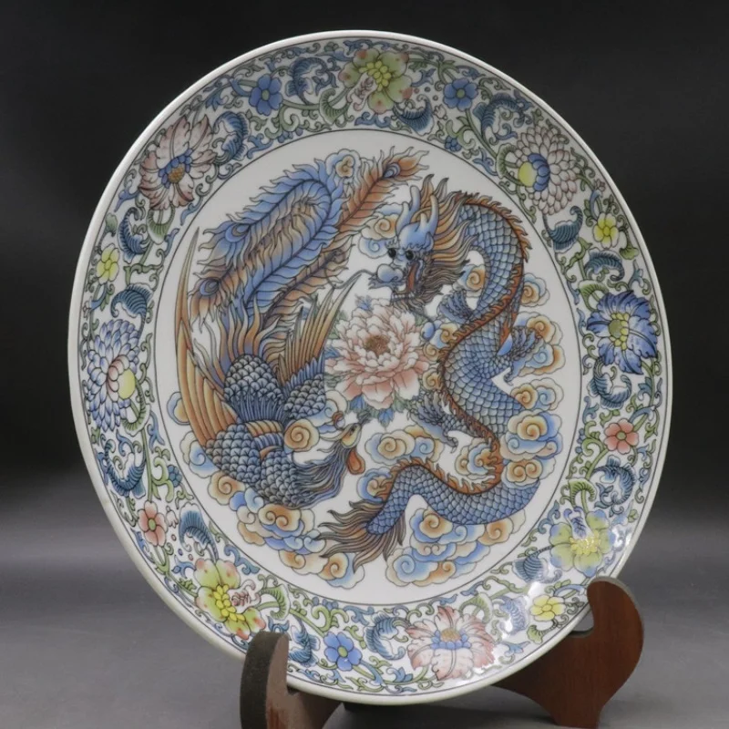 Qianlong Dragon and Phoenix Auspicious Picture Porcelain Plate Antique Porcelain Home Living Room Study Decoration Collection