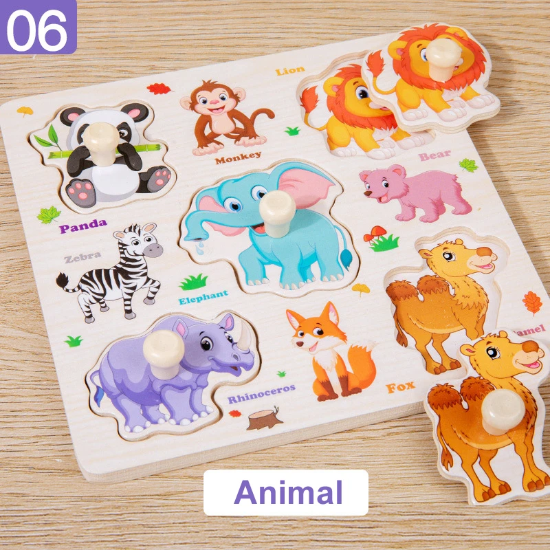 Holzpuzzle Montessori Spielzeug für Kinder Cartoon Tier Verkehr Hand Greifbretter Frühes Lernen Lernspielzeug für Kinder